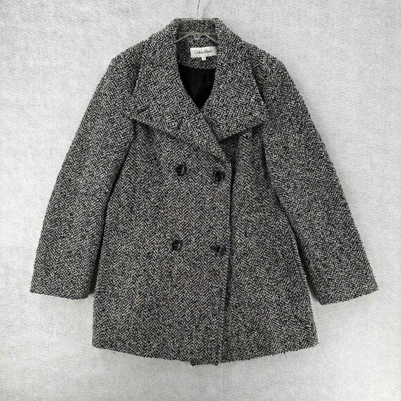 Calvin Klein Jackets & Blazers - CALVIN KLEIN‎ PeaCoat Women 12 Herringbone Jacket Black Wool Double Breasted